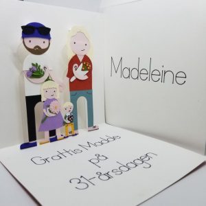 Paper cut out illustration of family as a pop-up birthday greeting card. 