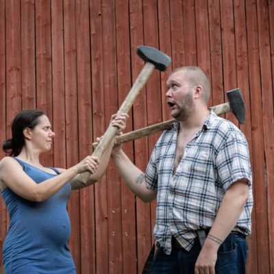 Sledgehammer head made out of foam and latex and with a wood handle. 

Replica for a Swedish TV show. They needed a real one that was aged for closeups and a fake one that they could swing (without any one or any thing get hurt) for the action shot.

Photo by <a href="https://www.instagram.com/linneahaden/">Linnéa Hådén</a>.